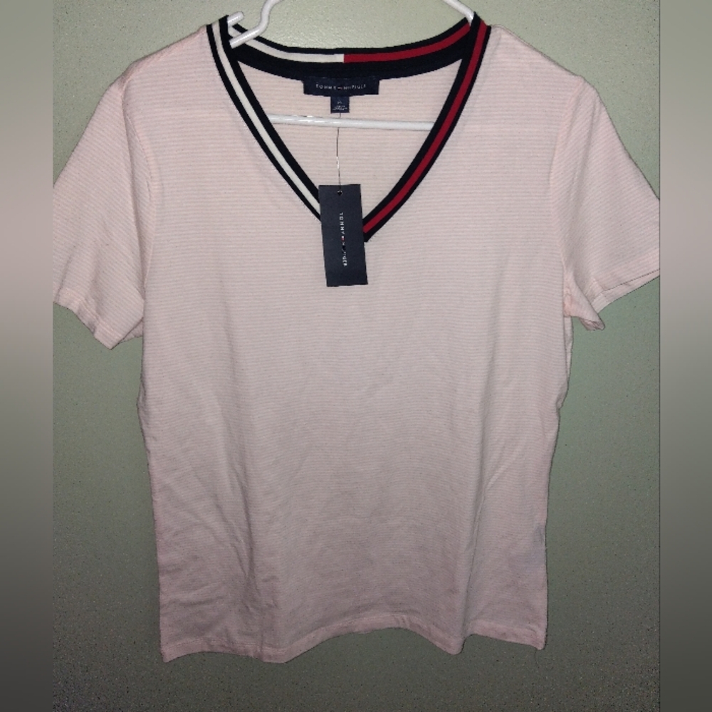 Tommy Hilfiger Women's Pink Stripped V-Neck Tee